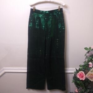 Vintage St. John Couture Sparkly Green High Waisted Wide Leg Knit Pants